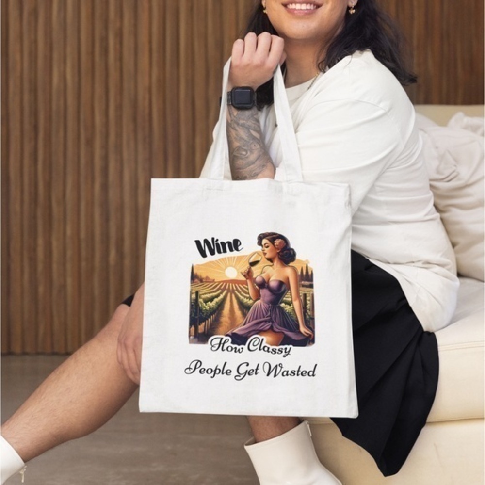 White Canvas Tote Bag Set ‘WINE HOW CLASSY PEOPLE GET WASTED’ Graphic Print